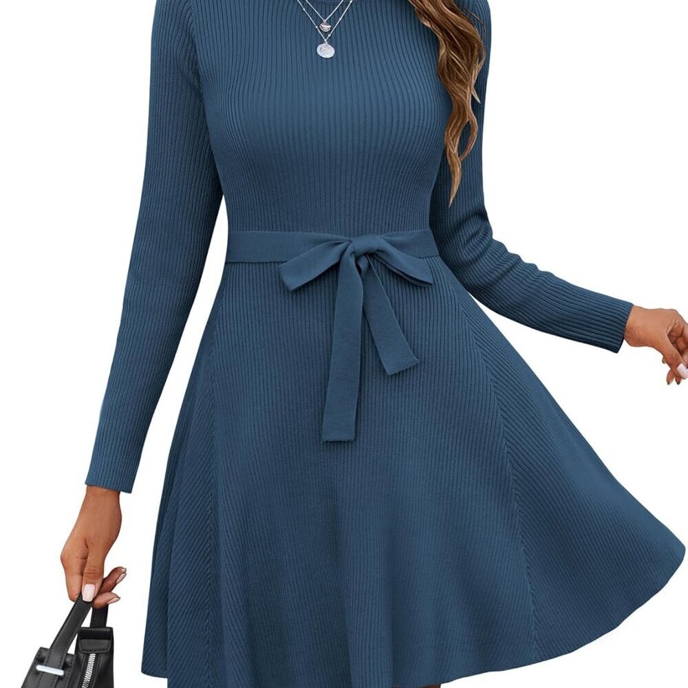 Women's Ribbed Knit Sweater Dress Long Sleeve A-Line Casual Winter Dress